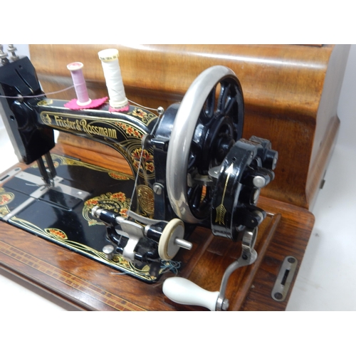 490 - Frister & Rosmann Hand Crank Sewing Machine in Fitted Wooden Case with Key