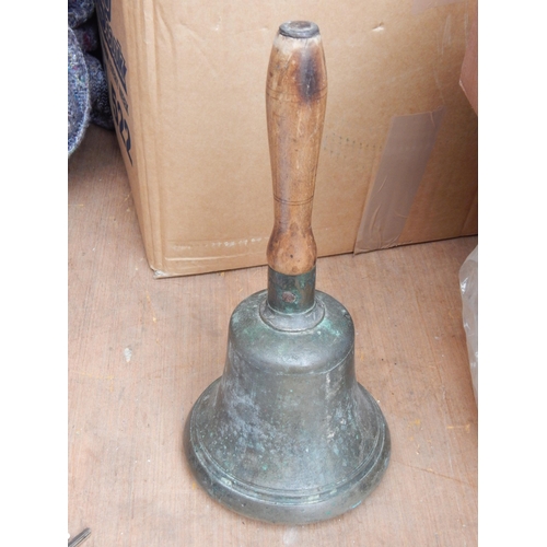 493 - A Vintage Bronze School Bell with Turned Wooden handle & Clapper.