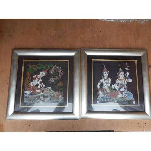 497 - A Pair of Framed & Glazed Thai Silk Figural Pictures: Each Measuring 44cm x 44cm overall