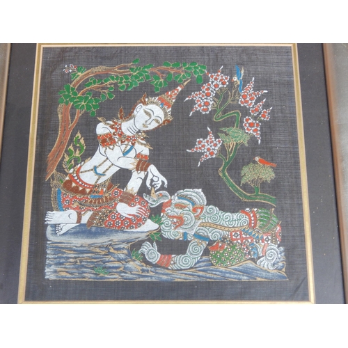 497 - A Pair of Framed & Glazed Thai Silk Figural Pictures: Each Measuring 44cm x 44cm overall