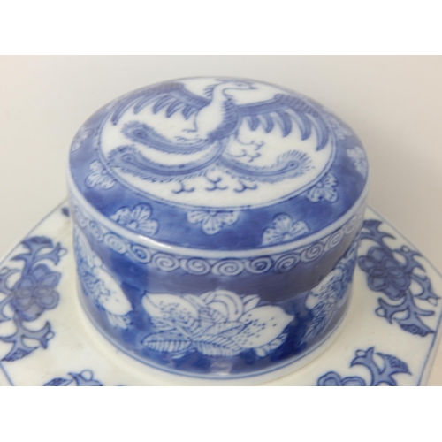 528 - Large Oriental Octagonal Blue & White Lidded Pot with Scenes of Pagodas in a Landscape. Height 27cm