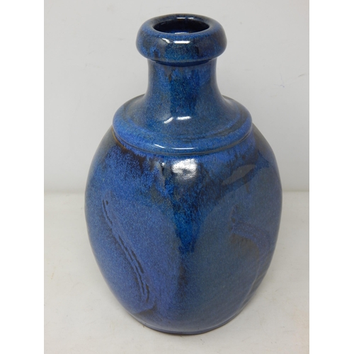 529 - Studio Pottery Bottle Vase with Sgraffito Through a Blue Zinc Glaze: Height 24cm