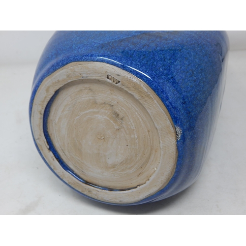 529 - Studio Pottery Bottle Vase with Sgraffito Through a Blue Zinc Glaze: Height 24cm