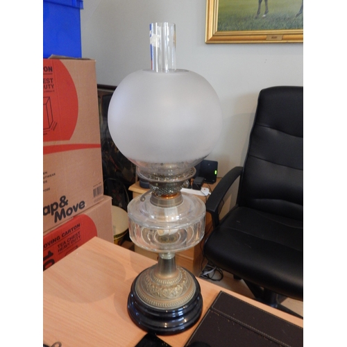 532 - Victorian Brass Oil Lamp with Clear Glass Reservoir, Frosted Glass Shade & Glass Burner: height 58cm