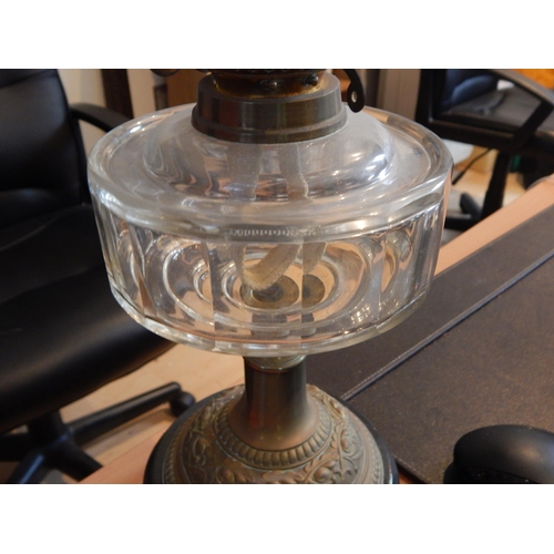 532 - Victorian Brass Oil Lamp with Clear Glass Reservoir, Frosted Glass Shade & Glass Burner: height 58cm