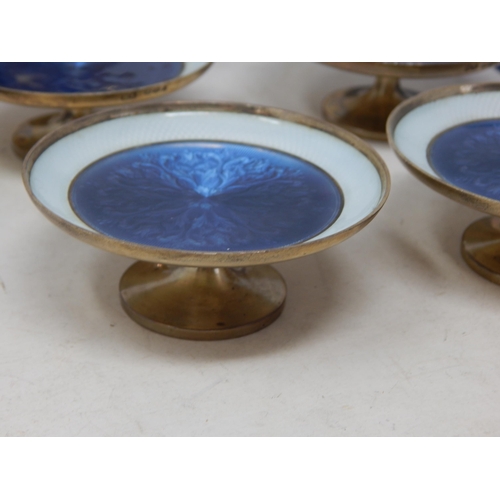 95 - A Set of 4 Silver Pedestal Dishes with blue & white guilloche enamel decoration: Hallmarked London 1... 