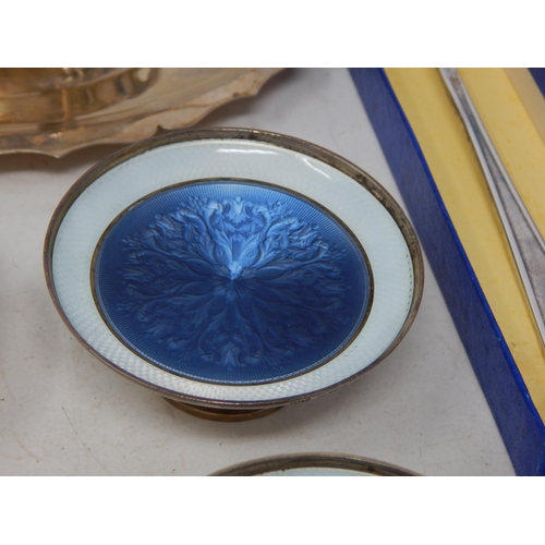 95 - A Set of 4 Silver Pedestal Dishes with blue & white guilloche enamel decoration: Hallmarked London 1... 