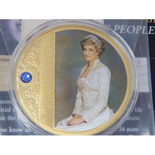 51H - Large Portraits of a Princess Diana 70mm medallion Gold Plated with colour and Swarovski 2013 with C... 