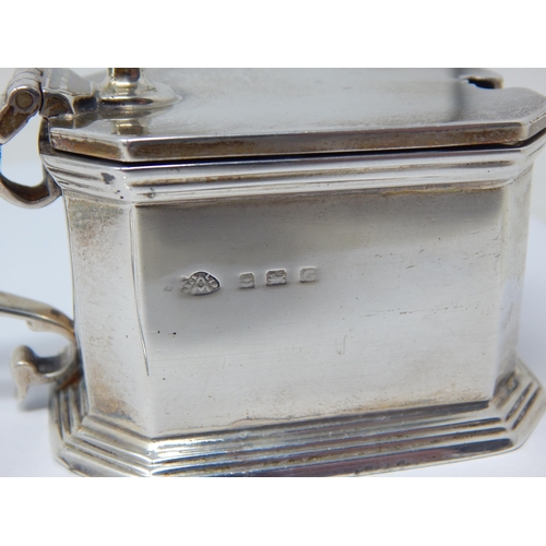 152 - Art Deco Silver Mustard Pot & Open Salt, Both with Cobalt Blue Glass Liners & Spoon: Hallmarked Birm... 