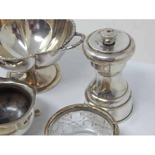 160 - A Group of Hallmarked Silver Items Including, Capstan Inkwell, Pepper grinder, Dish, Jars, Bowl Crue... 