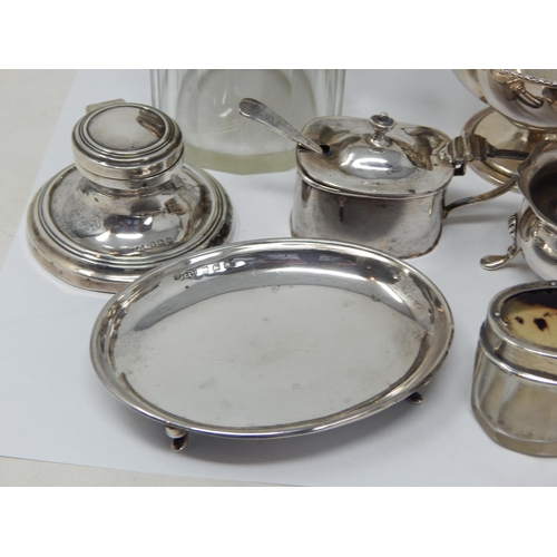 160 - A Group of Hallmarked Silver Items Including, Capstan Inkwell, Pepper grinder, Dish, Jars, Bowl Crue... 