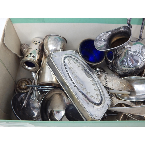 161 - A Box of Silver Plated Wares Including Purse, Spirit Measure, Cruets, Jug, Flatware etc (lot)