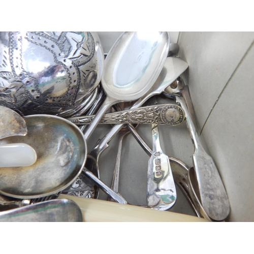 161 - A Box of Silver Plated Wares Including Purse, Spirit Measure, Cruets, Jug, Flatware etc (lot)