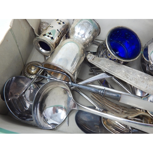 161 - A Box of Silver Plated Wares Including Purse, Spirit Measure, Cruets, Jug, Flatware etc (lot)