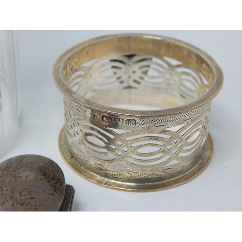 167 - Hallmarked Silver Napkin Ring, Pill Box & Silver Lidded Preserve Pot: Various Dates & Makers: Weigha... 