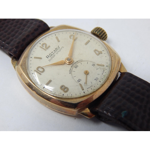 170 - ROTARY: Gentleman's 9ct Gold Rotary Super Sports Wristwatch with subsidiary seconds dial on black le... 