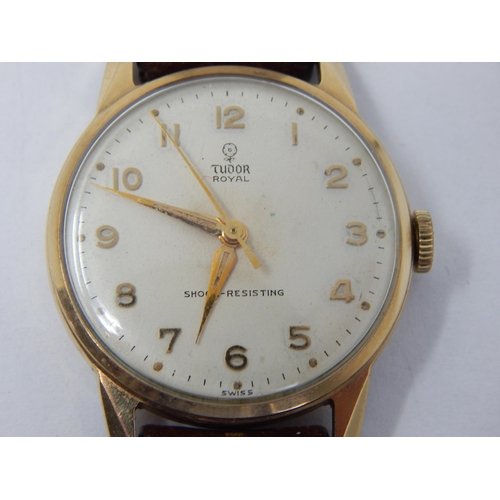 171 - TUDOR: Gentleman's 9ct Gold Tudor Royal Shock resisting wristwatch with sweep seconds hand on brown ... 