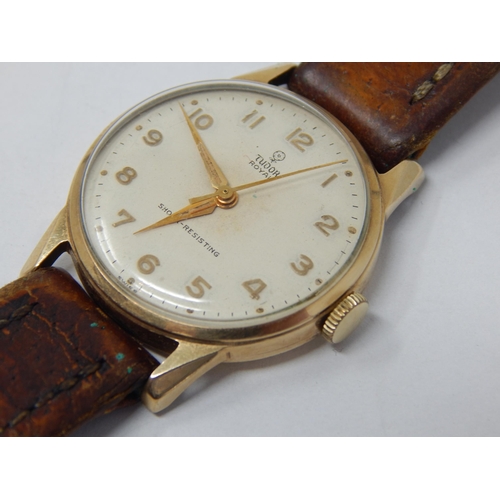 171 - TUDOR: Gentleman's 9ct Gold Tudor Royal Shock resisting wristwatch with sweep seconds hand on brown ... 