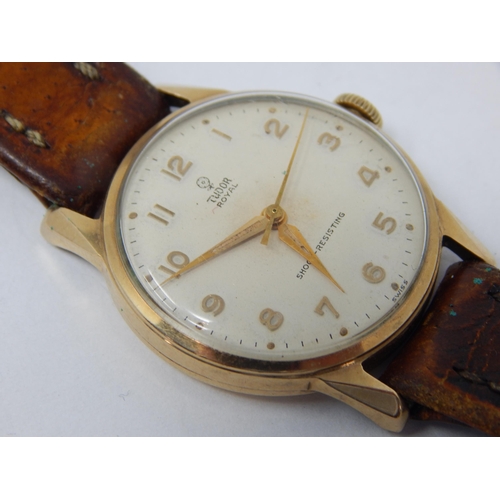 171 - TUDOR: Gentleman's 9ct Gold Tudor Royal Shock resisting wristwatch with sweep seconds hand on brown ... 