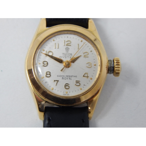 TUDOR: Ladies Tudor Oyster Royal Wristwatch with sweep seconds hand on black leather strap: ticking when catalogued.