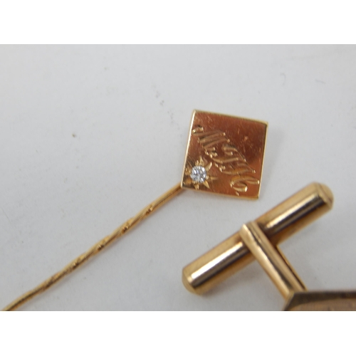 179 - A Pair of Unmarked Gold Cufflinks & Tie Pin, Each Set with a Diamond: Gross weight 7.12g