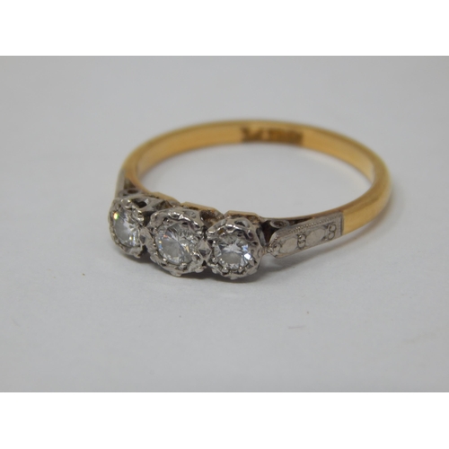 185 - 18ct Gold & Platinum Set Three Stone Diamond Ring: Size L: Gross weight 2.2g