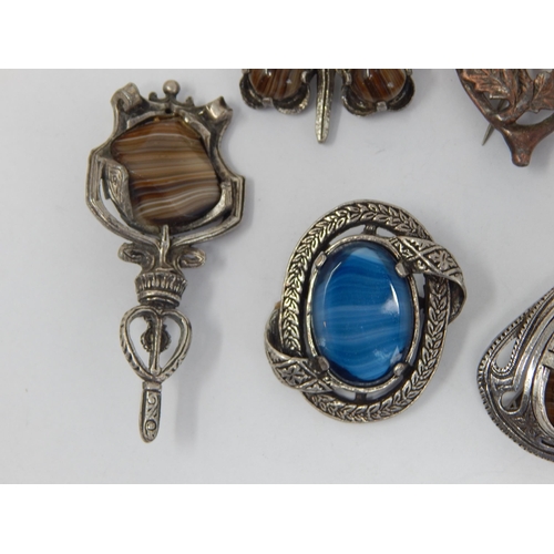 194 - A Collection of 10 Scottish Brooches Set with Agate & Hardstones.