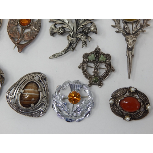 194 - A Collection of 10 Scottish Brooches Set with Agate & Hardstones.