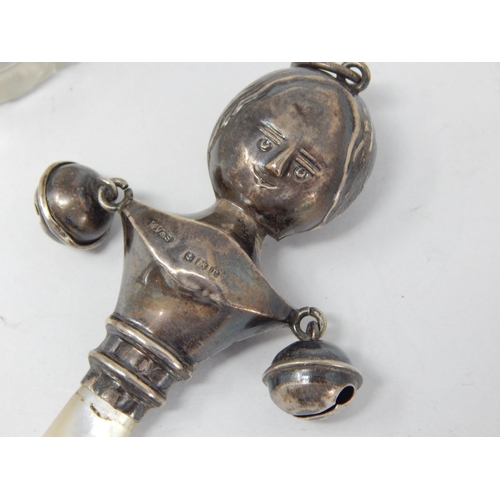 209 - Silver Babies Rattle with Attached Bells & Mother of Pearl Handle: Hallmarked Birmingham 1916 by Wil... 