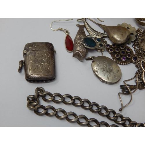 218 - Edwardian Silver Vesta Case Birmingham 1903, Silver thimble, Silver Part Albert Chain together with ... 