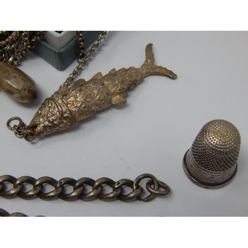 218 - Edwardian Silver Vesta Case Birmingham 1903, Silver thimble, Silver Part Albert Chain together with ... 