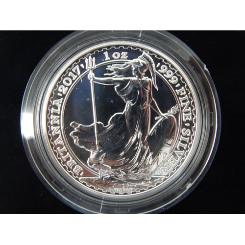 115 - Royal Mint One Ounce Fine Silver Britannia's: 2017 in Case of Issue with COA, 2017 & 2018 in Capsule... 