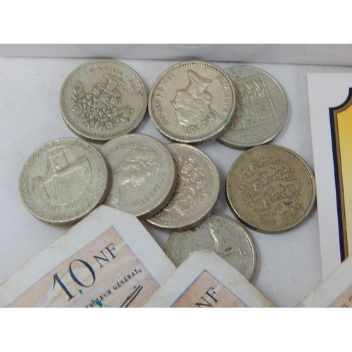 131 - A Box of Pre-Decimal & decimal Coinage Inc Round £1 Coins, 50p Coins, French Banknotes & 4 Commemora... 