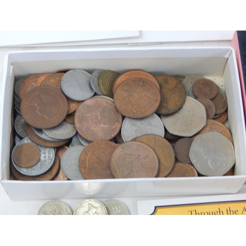 131 - A Box of Pre-Decimal & decimal Coinage Inc Round £1 Coins, 50p Coins, French Banknotes & 4 Commemora... 