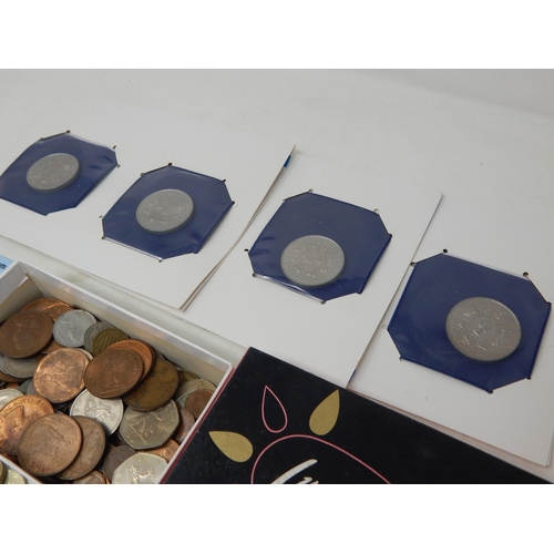 131 - A Box of Pre-Decimal & decimal Coinage Inc Round £1 Coins, 50p Coins, French Banknotes & 4 Commemora... 