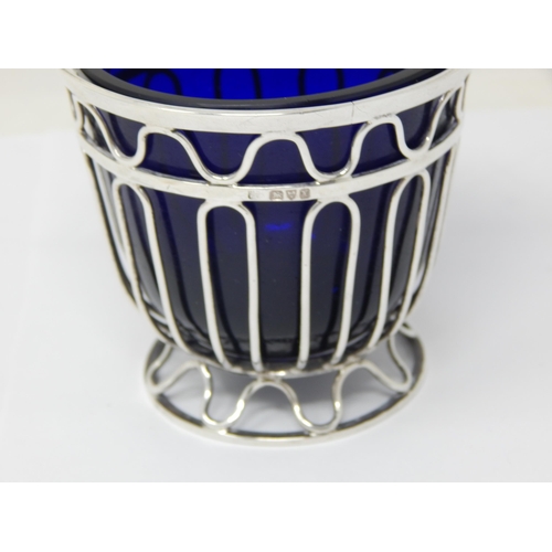 255 - Edwardian Swing Handle Silver Wirework Sugar Basket with Blue Glass Liner: Hallmarked Chester 1910 b... 