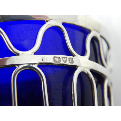 255 - Edwardian Swing Handle Silver Wirework Sugar Basket with Blue Glass Liner: Hallmarked Chester 1910 b... 