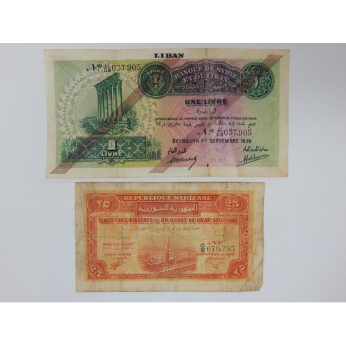 133 - Lebanon 1 Livre 1939 P26b together with a 1942 Syria 25 Piastres