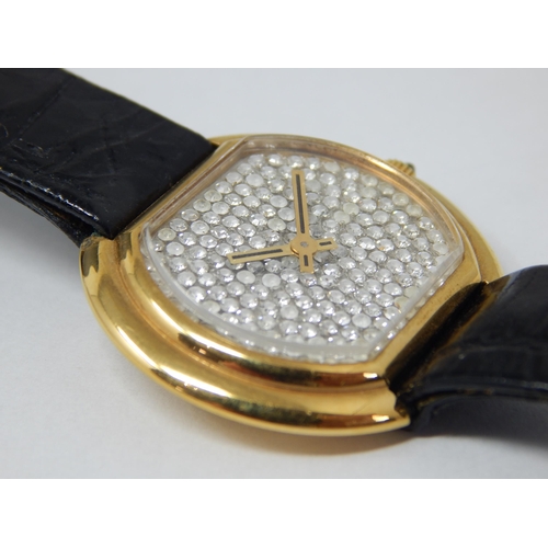 293 - Ladies 18k Gold Plated Stone Set Wristwatch with on Black Leather Strap.