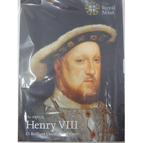 98 - Royal Mint 2009 Henry VIII Brilliant Uncirculated £5 Coin in Sealed Pack of Issue together with a Ro... 