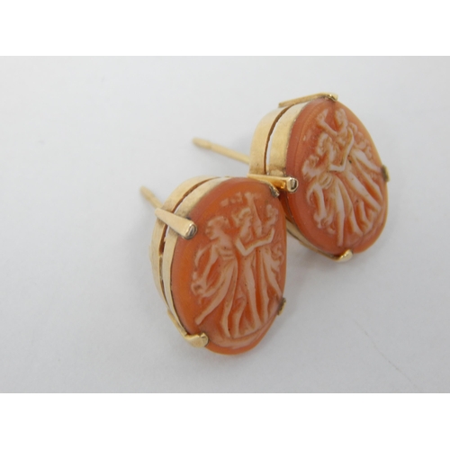 299 - A Pair of Modern 9ct Gold Cameo Earrings Carved as The Three Graces.