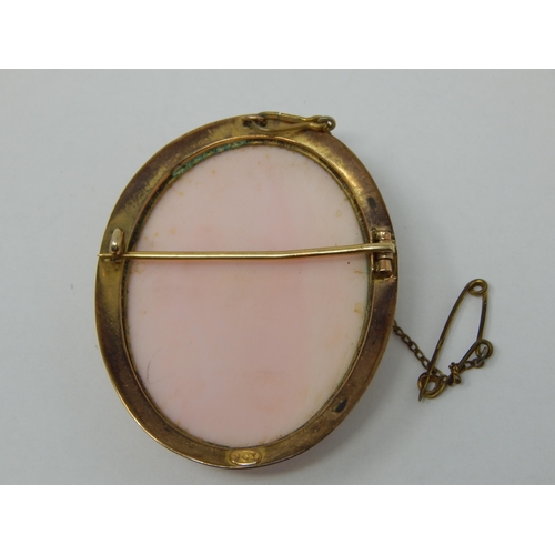 301 - 9ct Gold Framed Cameo Brooch with Quality Carved Portrait of a Lady with Safety Chain: Measures 4.6c... 