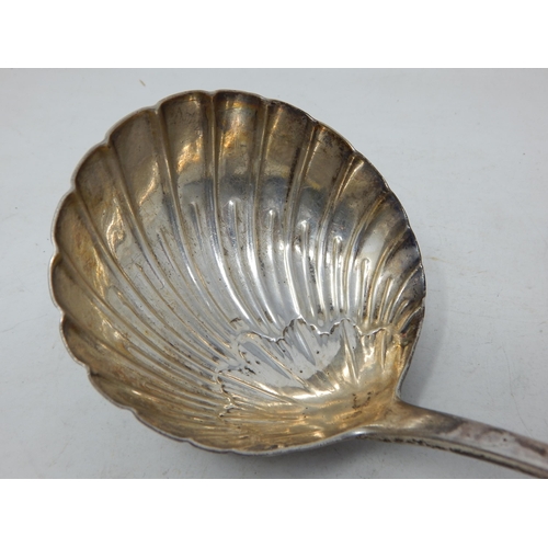 302 - George II IRISH Silver Soup Ladle with Shell Bowl & Bright Cut Decoration: Hallmarked Dublin 1730 by... 