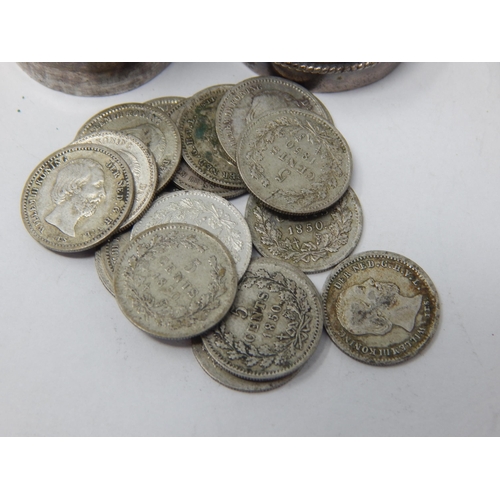 142 - Two George III Coin Boxes, one silver 1760 & one Bronze 1799 containing c19th Silver coins