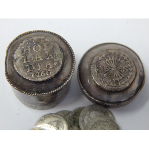 142 - Two George III Coin Boxes, one silver 1760 & one Bronze 1799 containing c19th Silver coins