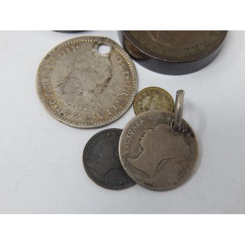 142 - Two George III Coin Boxes, one silver 1760 & one Bronze 1799 containing c19th Silver coins