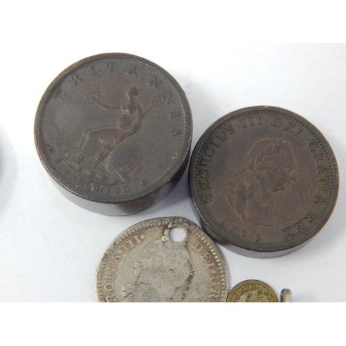 142 - Two George III Coin Boxes, one silver 1760 & one Bronze 1799 containing c19th Silver coins