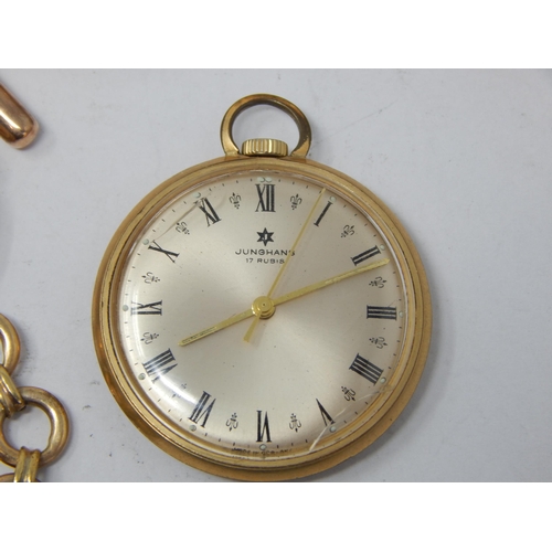 318 - Ladies 9ct Gold Wristwatch on rolled gold strap together with a Junghans pocket watch (working when ... 