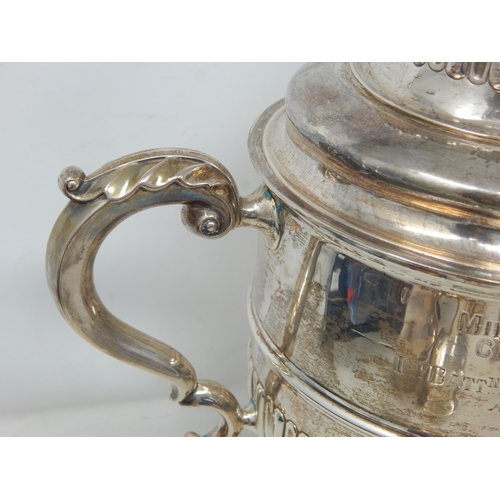 323 - Large Edwardian Twin Handled Silver Trophy Cup & Cover with Military Inscription: Hallmarked Birming... 