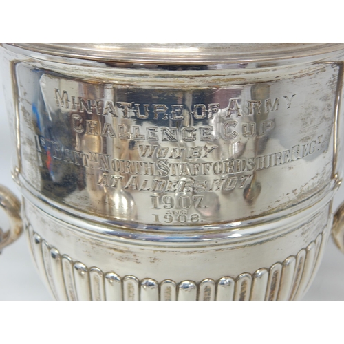 323 - Large Edwardian Twin Handled Silver Trophy Cup & Cover with Military Inscription: Hallmarked Birming... 